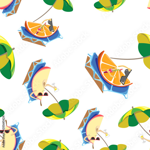 A seamless pattern of oranges and apples resting on sun beds and a cocktail drinker on background