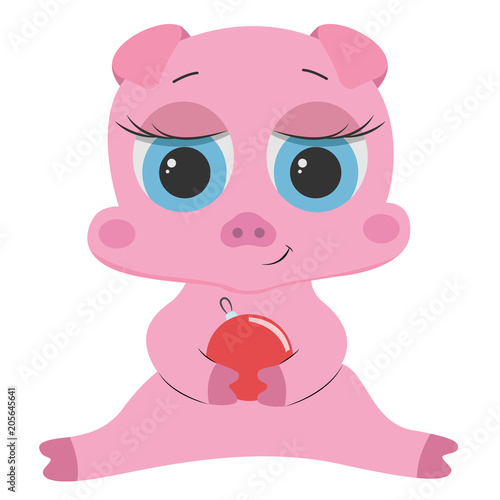 Cute pink pig sitting and holding a Christmas ball on a white background