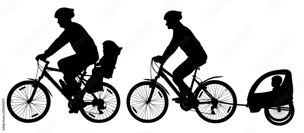 Fototapeta premium Family with children traveling on bikes. Mountain bike silhouette. Cyclist with a child stroller. City cycling family vector
