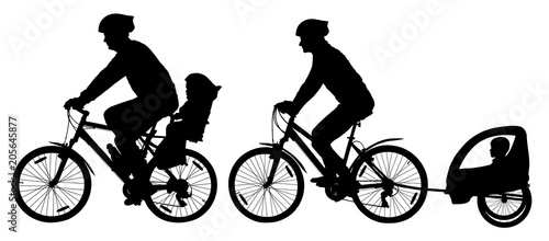 Family with children traveling on bikes. Mountain bike silhouette. Cyclist with a child stroller. City cycling family vector