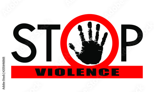 Symbol or sign stop violence. Red prohibition sign over black hand and red line with text "stop violence". Abstract vector illustration.	