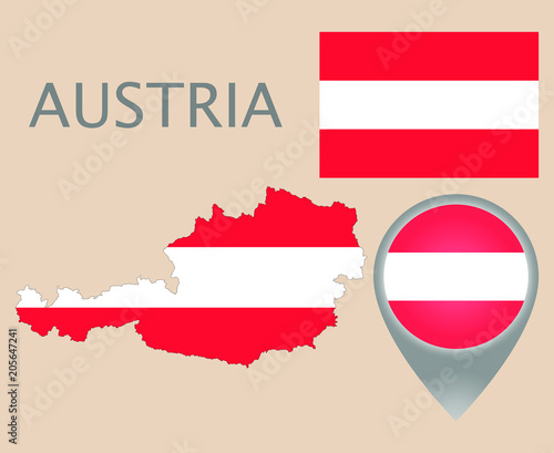 Colorful flag, map pointer and map of Austria in the colors of the Austrian flag. High detail. Vector illustration