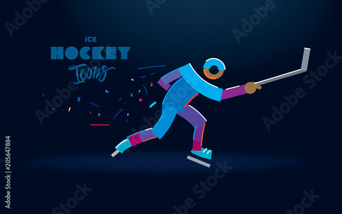 Hockey player with a stick in motion. Vector color line icons