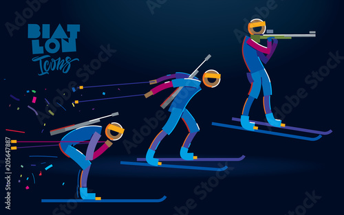 Biathlon. Vector color line icons