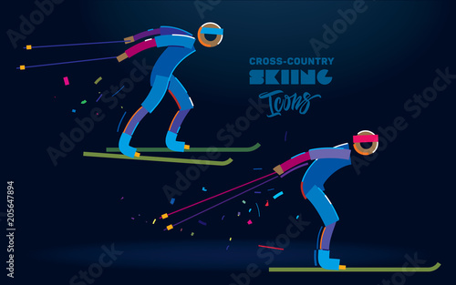 Cross-country skiing. Vector color line icons