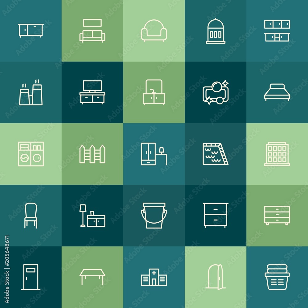 Modern Simple Set of buildings, furniture, housekeeping Vector outline Icons. Contains such Icons as table, towel, drawer, safety, home and more on green background. Fully Editable. Pixel Perfect. Modern Simple Set of buildings, furniture, housekeeping Vector outline Icons. Contains such Icons as table, towel, drawer, safety, home and more on green background. Fully Editable. Pixel Perfect.