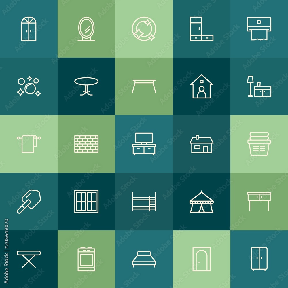 Modern Simple Set of buildings, furniture, housekeeping Vector outline Icons. Contains such Icons as oven, room, mirror, iron, desk and more on green background. Fully Editable. Pixel Perfect. Modern Simple Set of buildings, furniture, housekeeping Vector outline Icons. Contains such Icons as oven, room, mirror, iron, desk and more on green background. Fully Editable. Pixel Perfect.