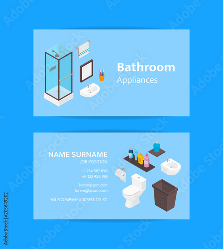 Vector business card template for bathroom appliances and furniture shop or bath accessories. Isometric shower cabine, skincare tubes 3d objects