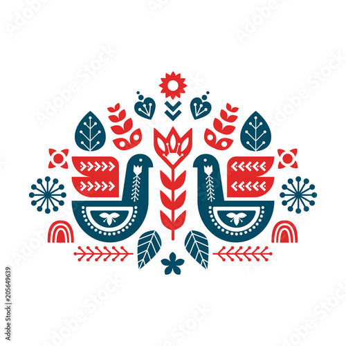 Composition template with Birds and decorative elements. Folk art floral illustration.