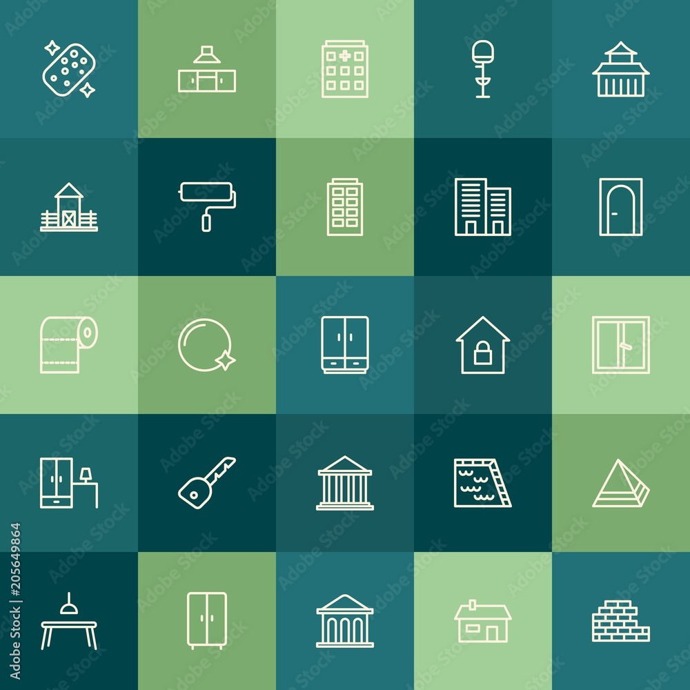 Modern Simple Set of buildings, furniture, housekeeping Vector outline Icons. Contains such Icons as dining, banking, domestic, hygiene and more on green background. Fully Editable. Pixel Perfect. Modern Simple Set of buildings, furniture, housekeeping Vector outline Icons. Contains such Icons as dining, banking, domestic, hygiene and more on green background. Fully Editable. Pixel Perfect.