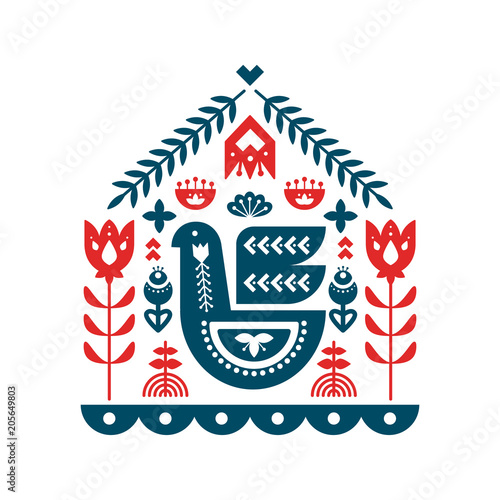 Nordic ornaments, folk art pattern. Bbird,   floral and decorative elements. Vector illustration.