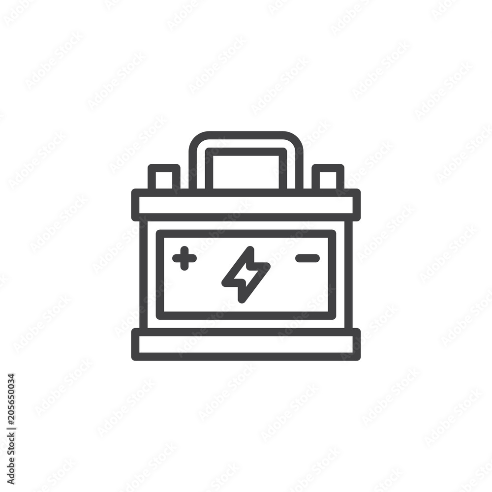 Car battery outline icon. linear style sign for mobile concept and web design. Accumulator simple line vector icon. Symbol, logo illustration. Pixel perfect vector graphics Car battery outline icon. linear style sign for mobile concept and web design. Accumulator simple line vector icon. Symbol, logo illustration. Pixel perfect vector graphics