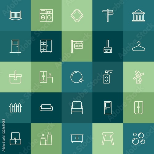 Modern Simple Set of buildings, furniture, housekeeping Vector outline Icons. Contains such Icons as  sewing,  room,  fashion,  wardrobe and more on green background. Fully Editable. Pixel Perfect.