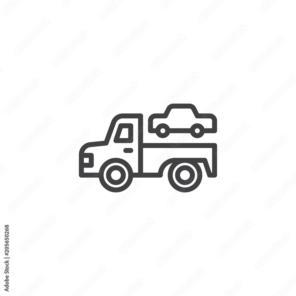 Towing truck outline icon. linear style sign for mobile concept and web design. Transportation truck simple line vector icon. Symbol, logo illustration. Pixel perfect vector graphics Towing truck outline icon. linear style sign for mobile concept and web design. Transportation truck simple line vector icon. Symbol, logo illustration. Pixel perfect vector graphics