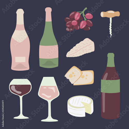 Wine and cheese hand drawing illustration set. Gourmet collection of food and drink. Vector clipart.