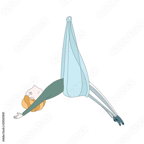 illustration of a cute girl doing aerial yoga. flying yoga