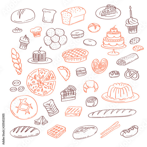 Vector hand drawn doodle bakery elements set isolated on white background
