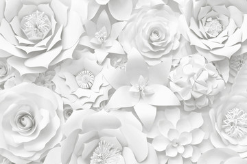 White paper flower wall, floral background, wedding card, greeting card template