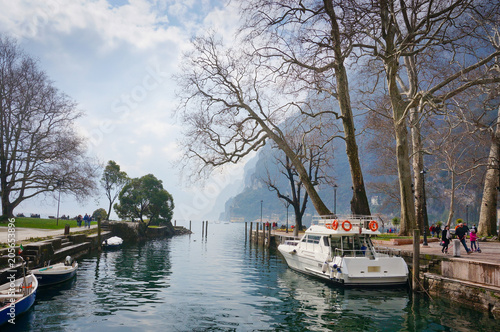 Foggy view to Lake Promenade in Italy  Riva del Garda