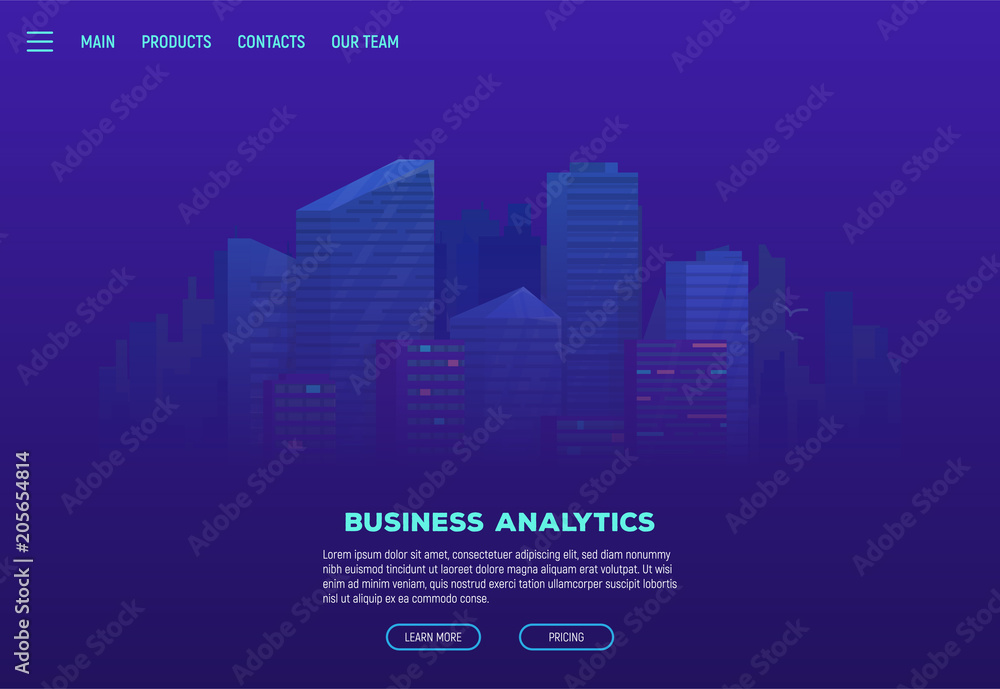 Night city panorama. Business site landing page. Business city, down town district at night with glowing windows and skyscrapers. Template for banner or site.