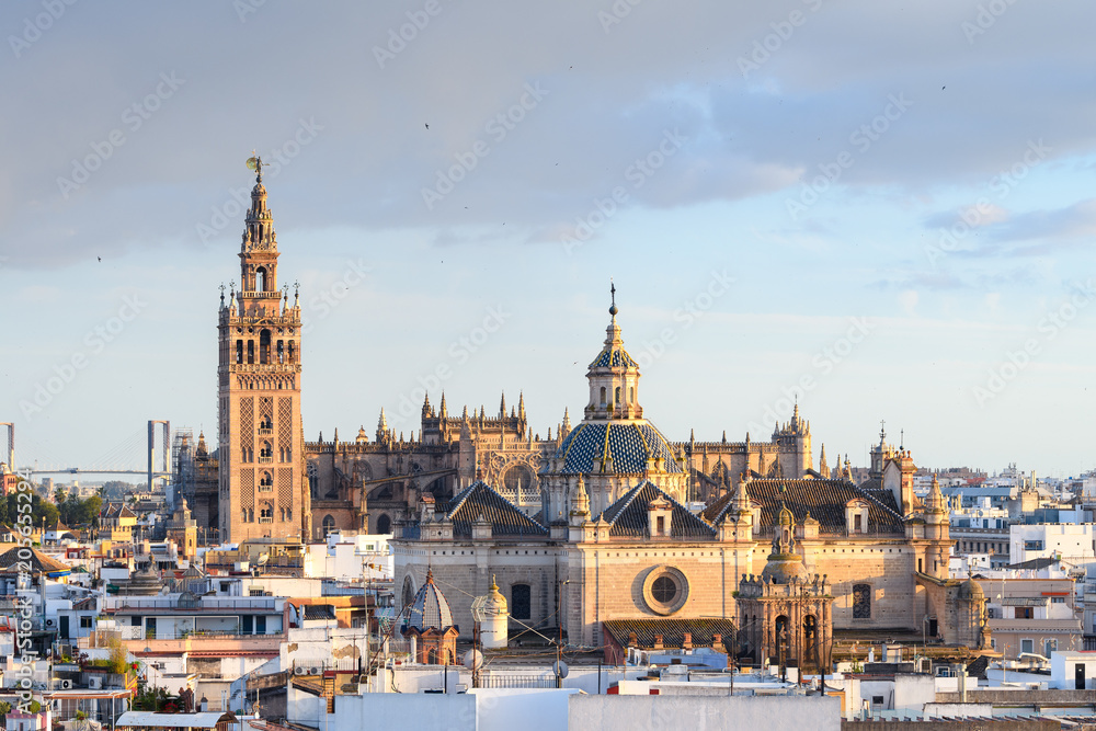panoramic views of seville old town with giralda tower bell at background