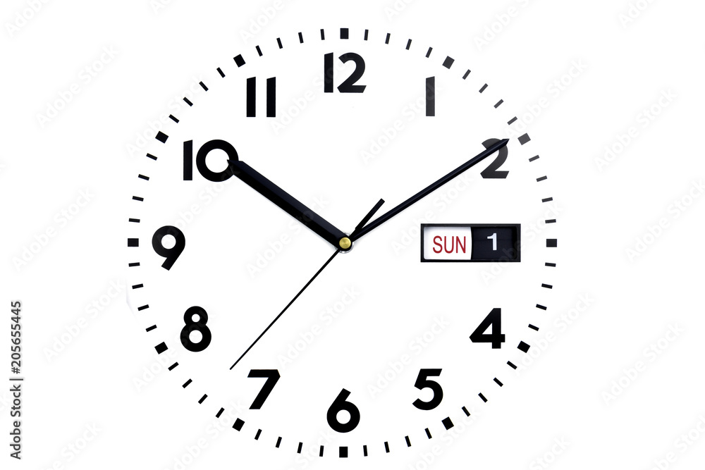 Isolated. Top view of the clock face. The Dial of watches. The hands on the clock. Calendar, Sunday, first day. Isolated. Top view of the clock face. The Dial of watches. The hands on the clock. Calendar, Sunday, first day.