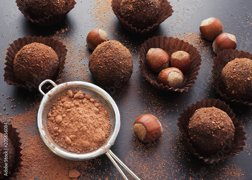 chocolate petit four with hazelnuts and cocoa photo