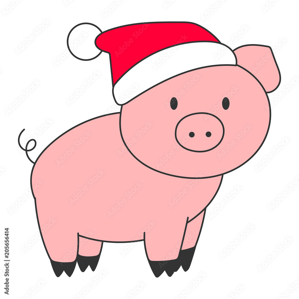 Pink pig in red hat. Asian New Year 2019 symbol. Vector illustration. Pink pig in red hat. Asian New Year 2019 symbol. Vector illustration.
