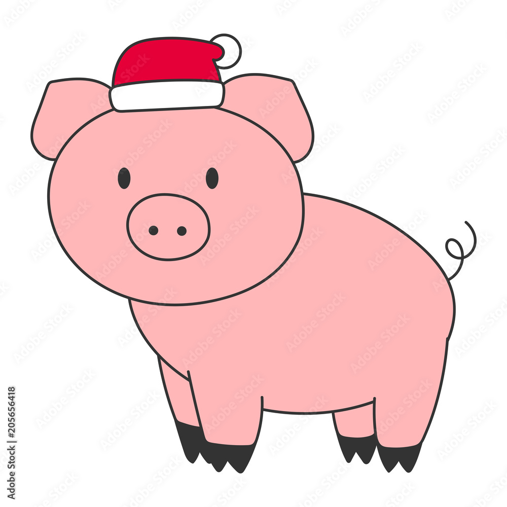 Pink pig in red hat. Oriental New Year 2019 symbol. Vector illustration. Pink pig in red hat. Oriental New Year 2019 symbol. Vector illustration.