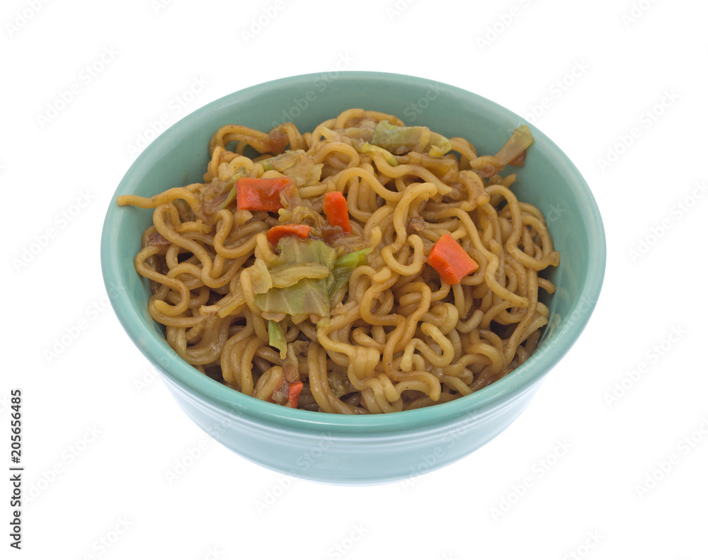 Beef flavored ramen noodles in a bowl isolated on a white background. Beef flavored ramen noodles in a bowl isolated on a white background.