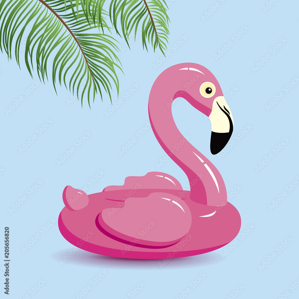 Flamingo inflatable and tropical leaves on blue background minimal summer vector illustration Flamingo inflatable and tropical leaves on blue background minimal summer vector illustration