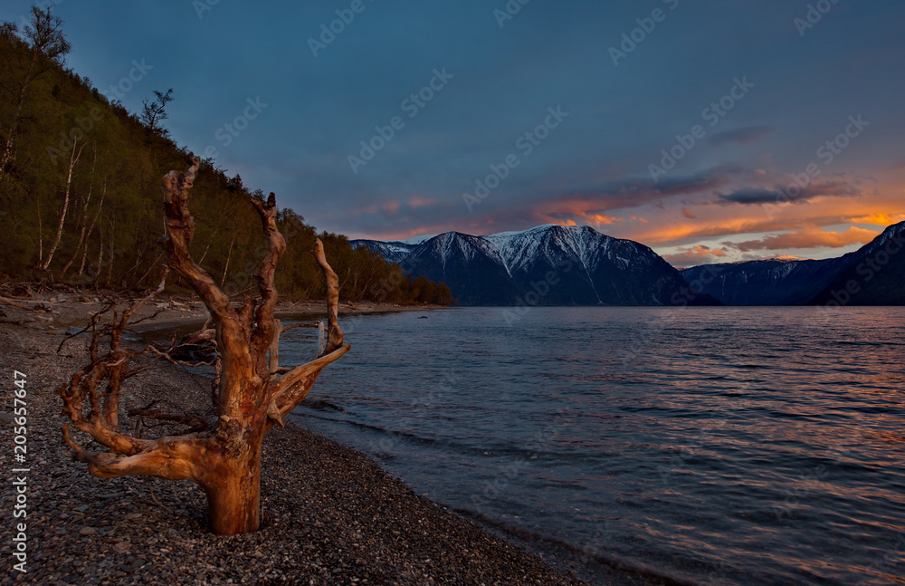 Russia. The South Of Western Siberia. Mountain Altai. Twilight on the shore of lake Teletskoye. Russia. The South Of Western Siberia. Mountain Altai. Twilight on the shore of lake Teletskoye.