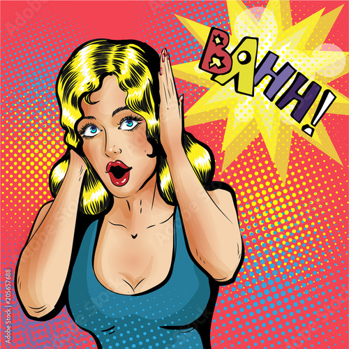 Pretty girl is covering her ears because of noise. Woman holding her head with both hands