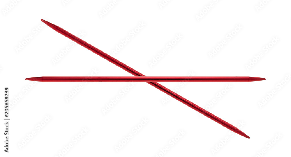 Top view of two red aluminum knitting needles isolated on a white background. Top view of two red aluminum knitting needles isolated on a white background.