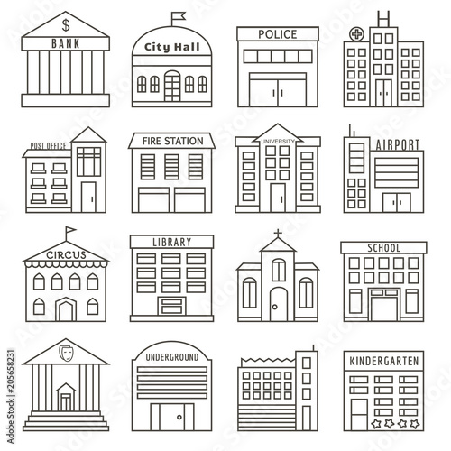 Set of Government Buildings in Line Style