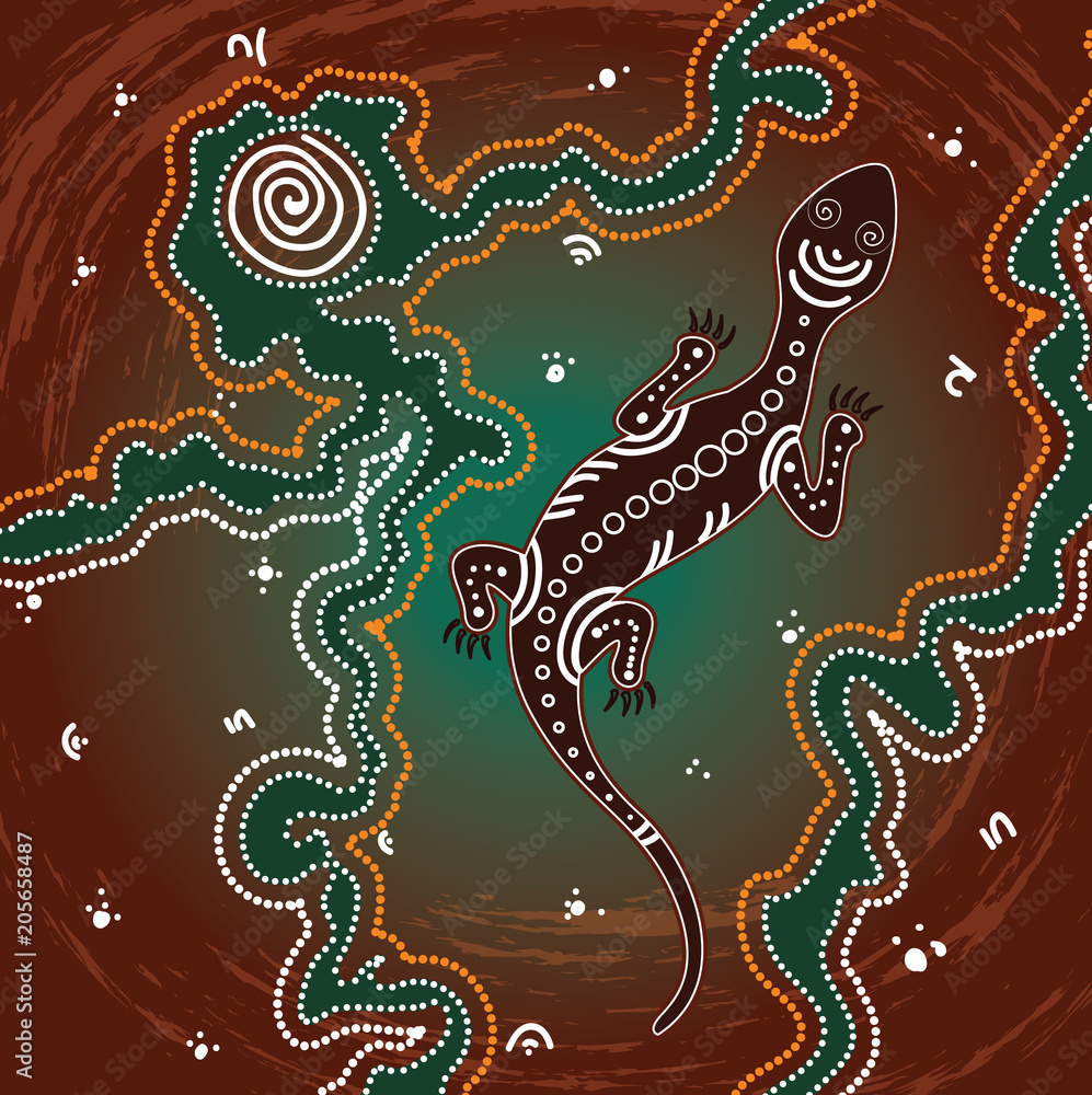 Naklejka premium Lizard vector, Aboriginal art background with lizard, Illustration based on aboriginal style of dot painting. 