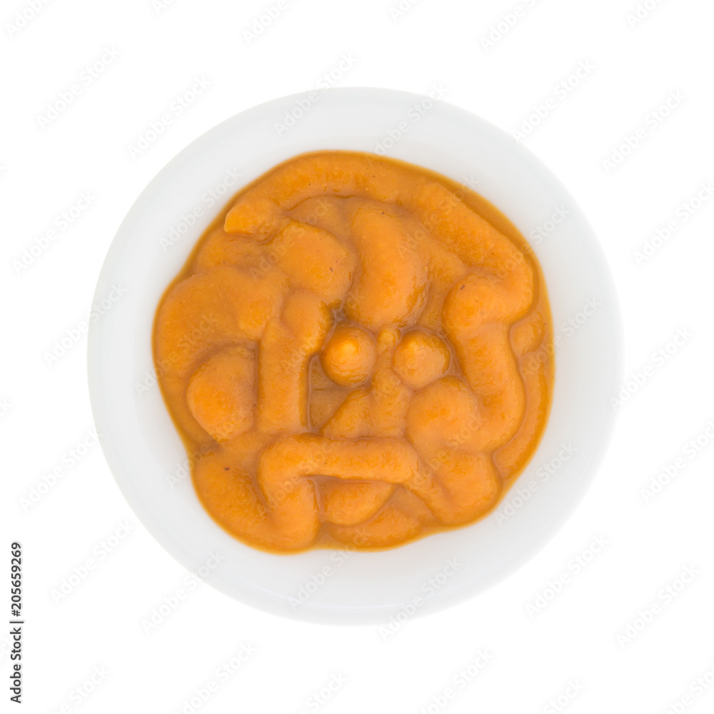 Top view of a bowl of organic pumpkin and carrot baby food isolated on a white background. Top view of a bowl of organic pumpkin and carrot baby food isolated on a white background.