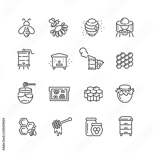 Honey and beekeeping related icons: thin vector icon set, black and white kit photo