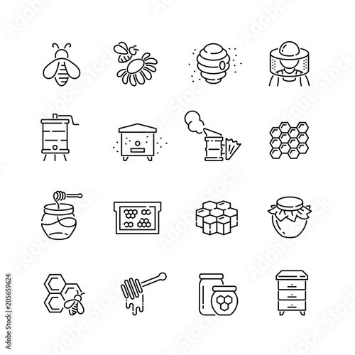 Honey and beekeeping related icons: thin vector icon set, black and white kit