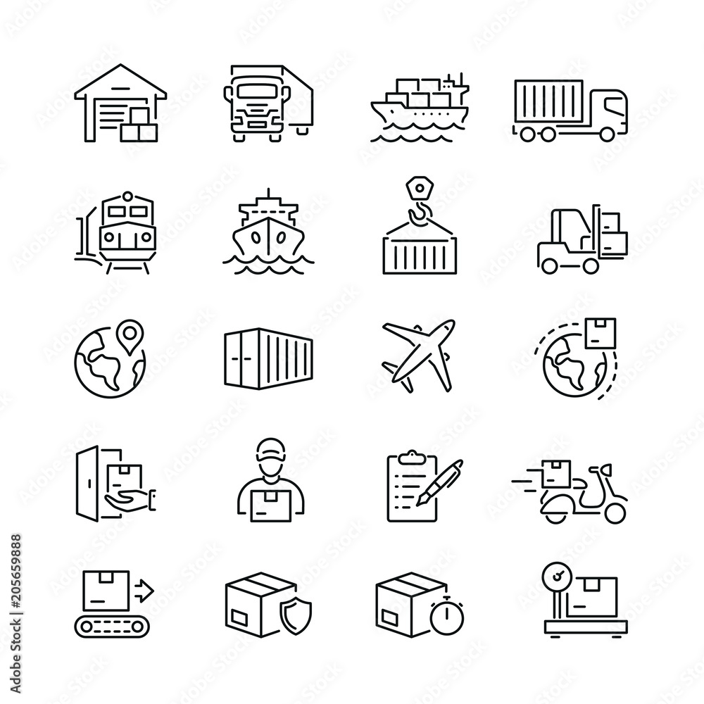 Logistics and transportation related icons: thin vector icon set, black and white kit - obrazy, fototapety, plakaty 