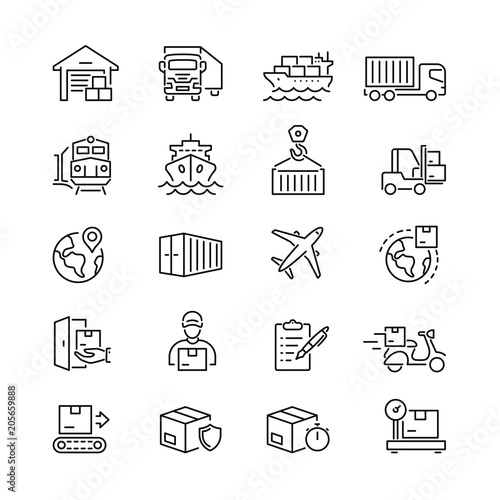 Logistics and transportation related icons: thin vector icon set, black and white kit
