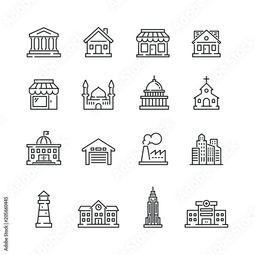 Buildings icons: thin vector icon set, black and white kit