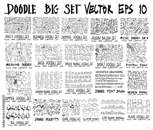 Big set of doodles vector element collection of Party, frame, Business, shop, arrow, music, wedding, info, bubble, sport, football, summer, ribbon, home, font, woman, tree, heart, people, school