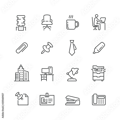 Office related icons: thin vector icon set, black and white kit photo