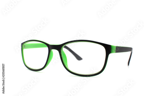Thick black glasses on white background