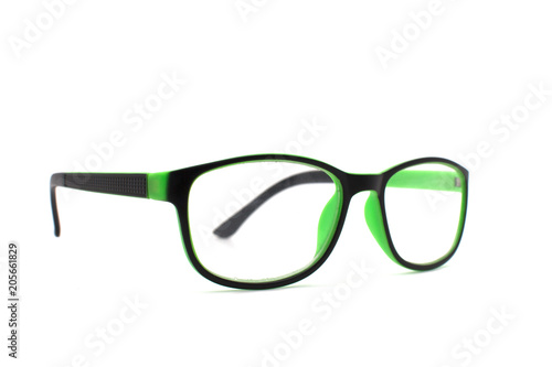 Thick black glasses on white background