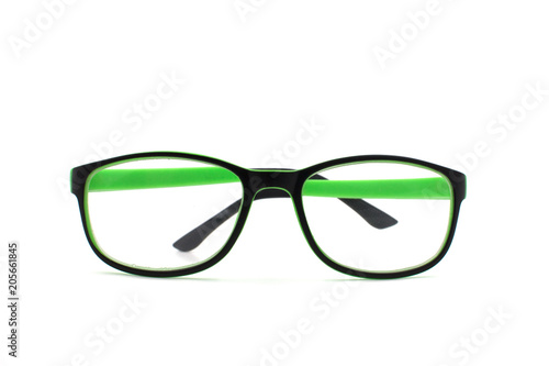 Thick black glasses on white background