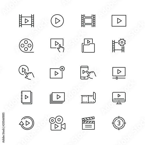 Video content related icons: thin vector icon set, black and white kit