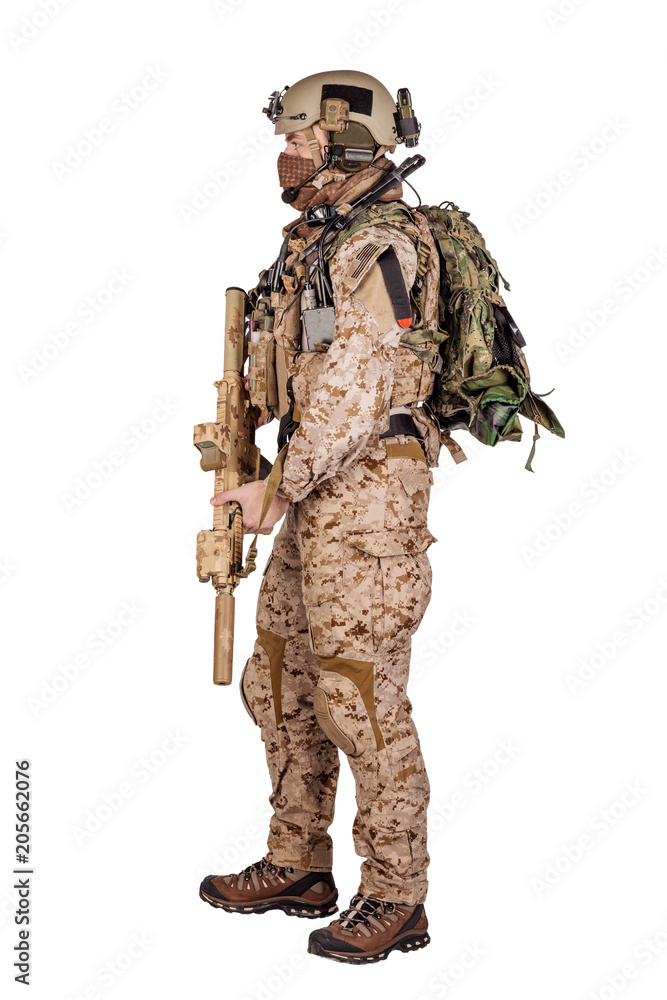 Special forces soldier with rifle on white background. army, military and people concept Special forces soldier with rifle on white background. army, military and people concept