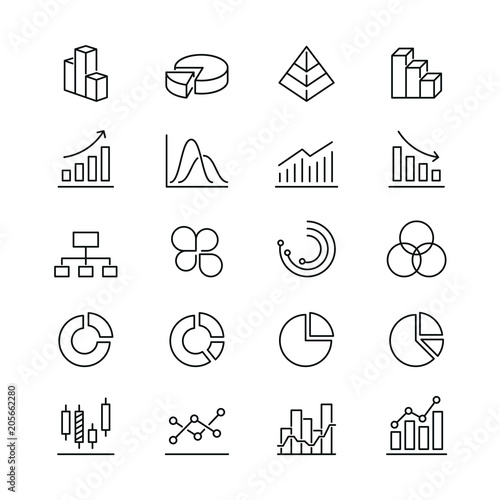 Graph related icons: thin vector icon set, black and white kit